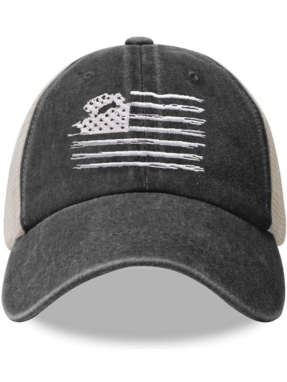 Distressed Black Trucker Hat with White Flag Embroidery